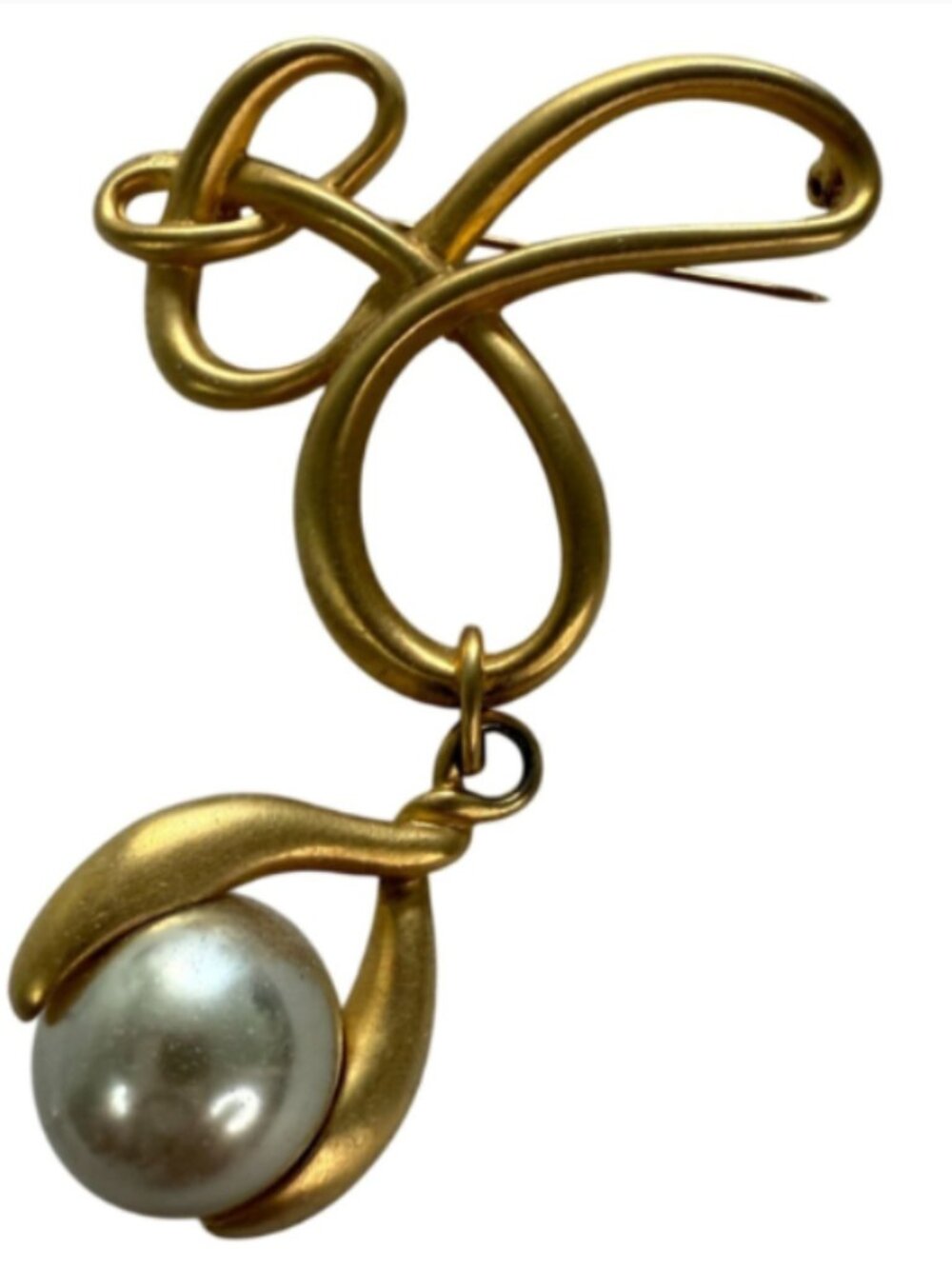DHT Dinah Hoyt Taylor Vintage Gold Tone Pearl Dangle Brooch Pin Modernist Office
